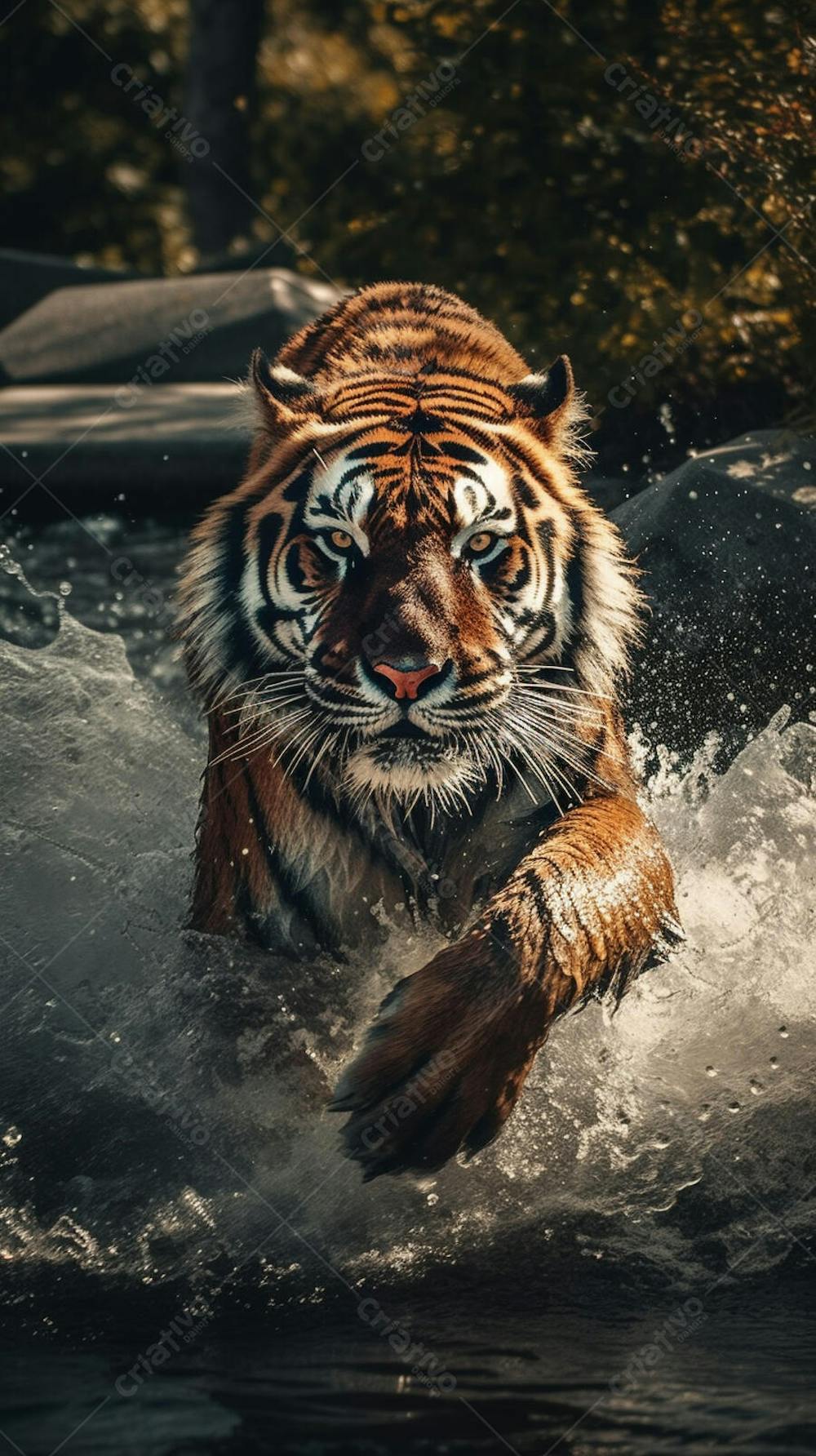 Tigre Selvagem Avançando pela Água na Selva