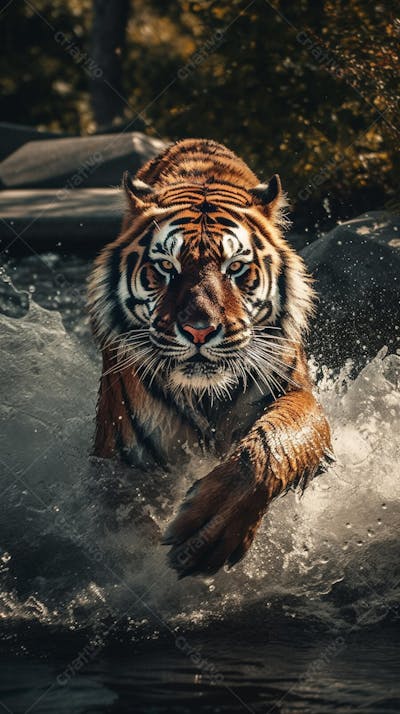 Tigre Selvagem Avançando pela Água na Selva