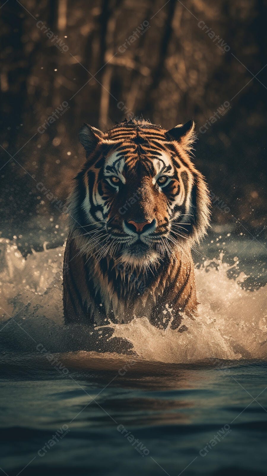 Tigre na água em tons marrons