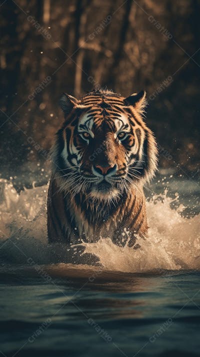 Tigre Selvagem Avançando pela Água na Selva