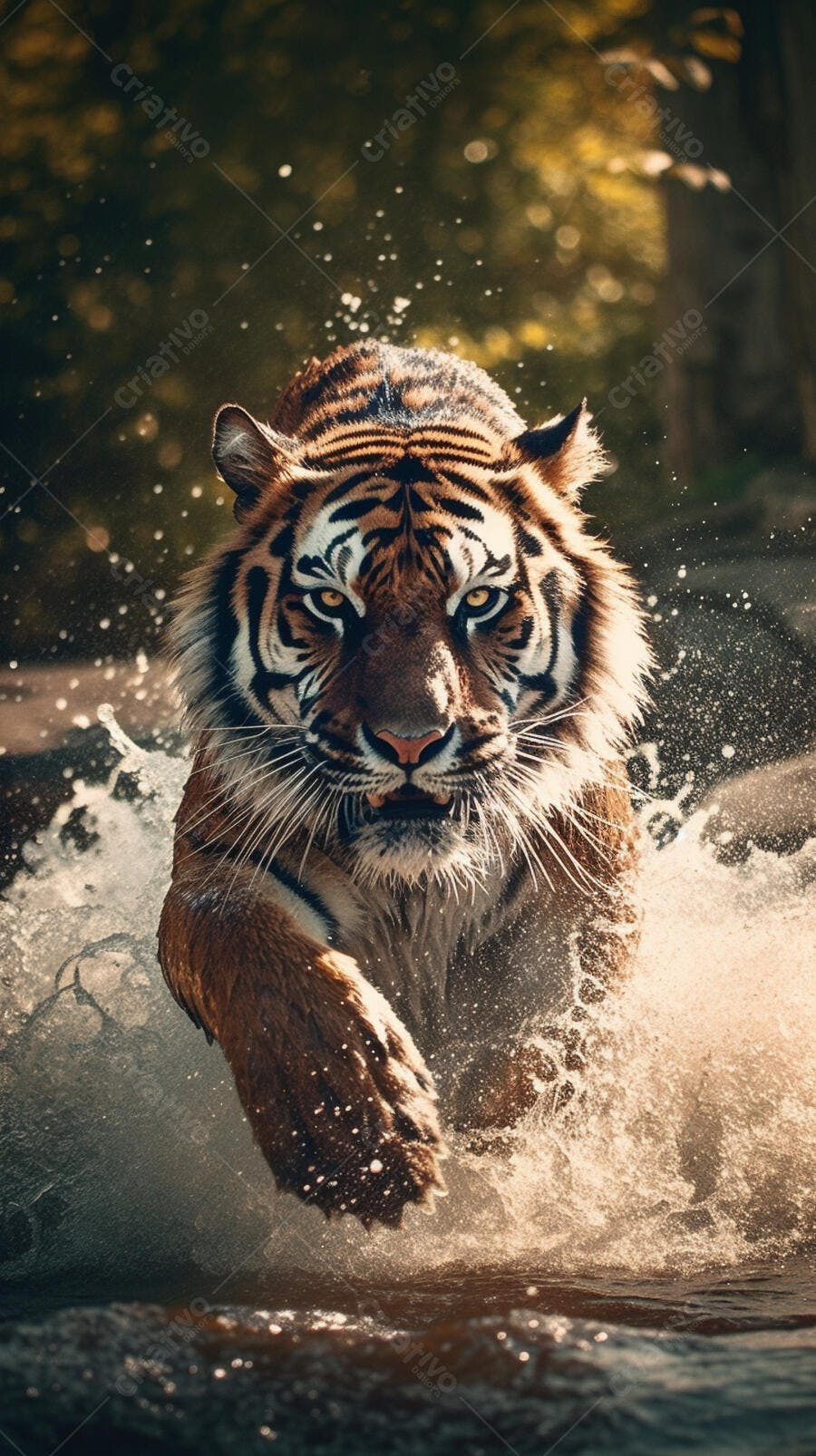 Tigre saltando na água ao entardecer