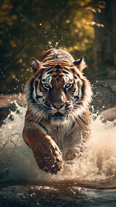 Tigre Selvagem Avançando pela Água na Selva