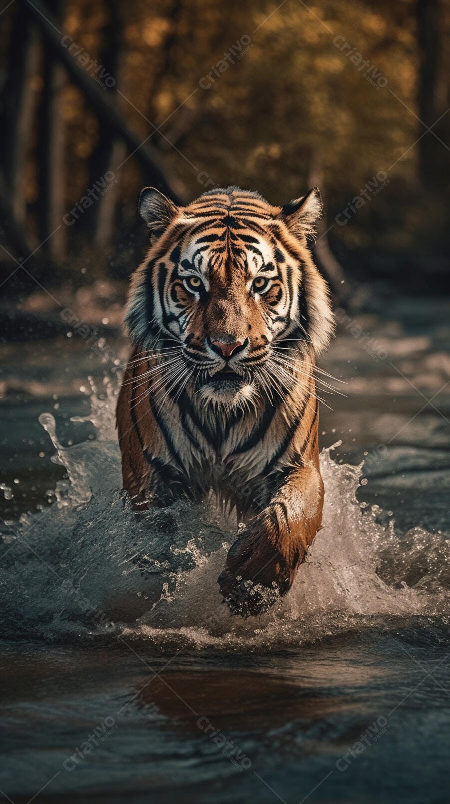 Tigre nadando em rio ao entardecer