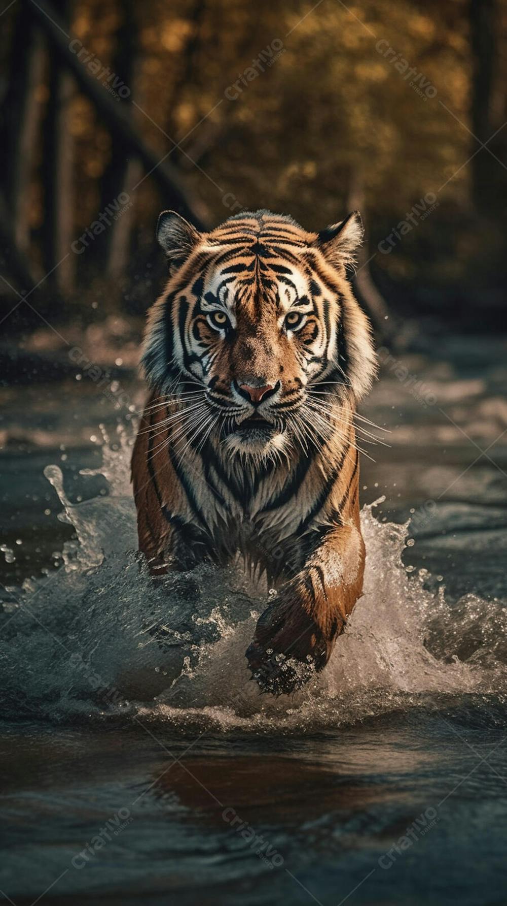 Tigre Selvagem Avançando pela Água na Selva