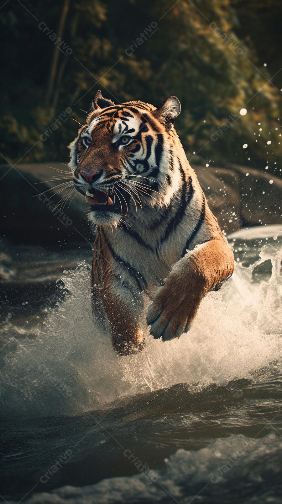 Tigre saltando na água escura
