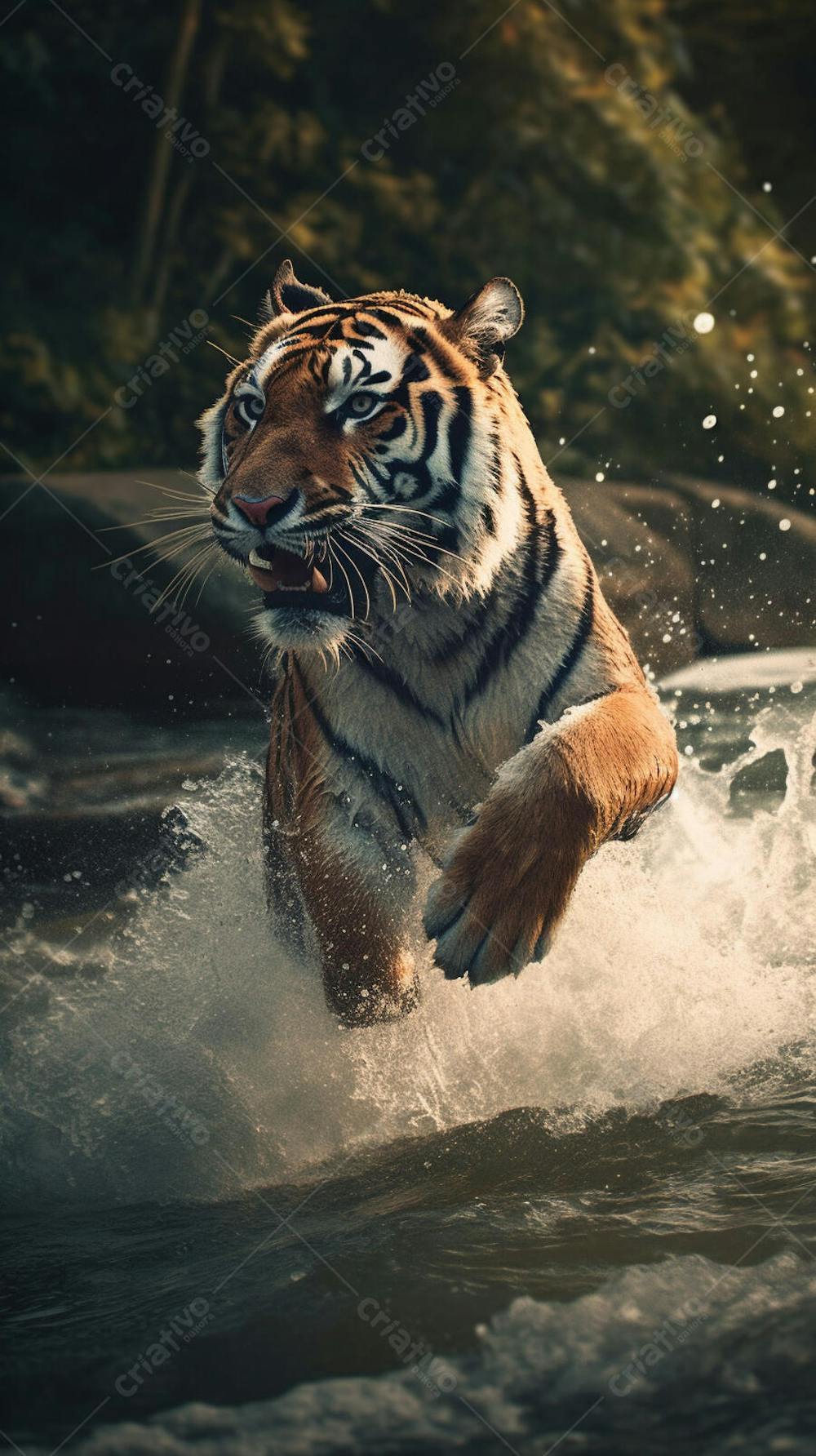 Tigre Selvagem Avançando pela Água na Selva