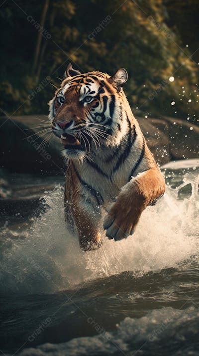 Tigre Selvagem Avançando pela Água na Selva