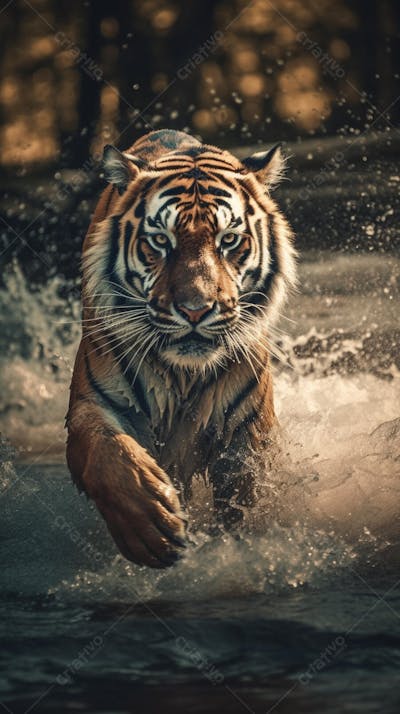 Tigre Selvagem Avançando pela Água na Selva