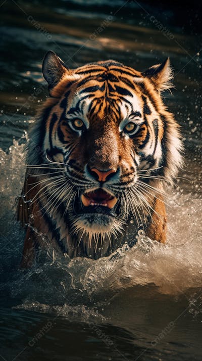 Tigre Selvagem Avançando pela Água na Selva