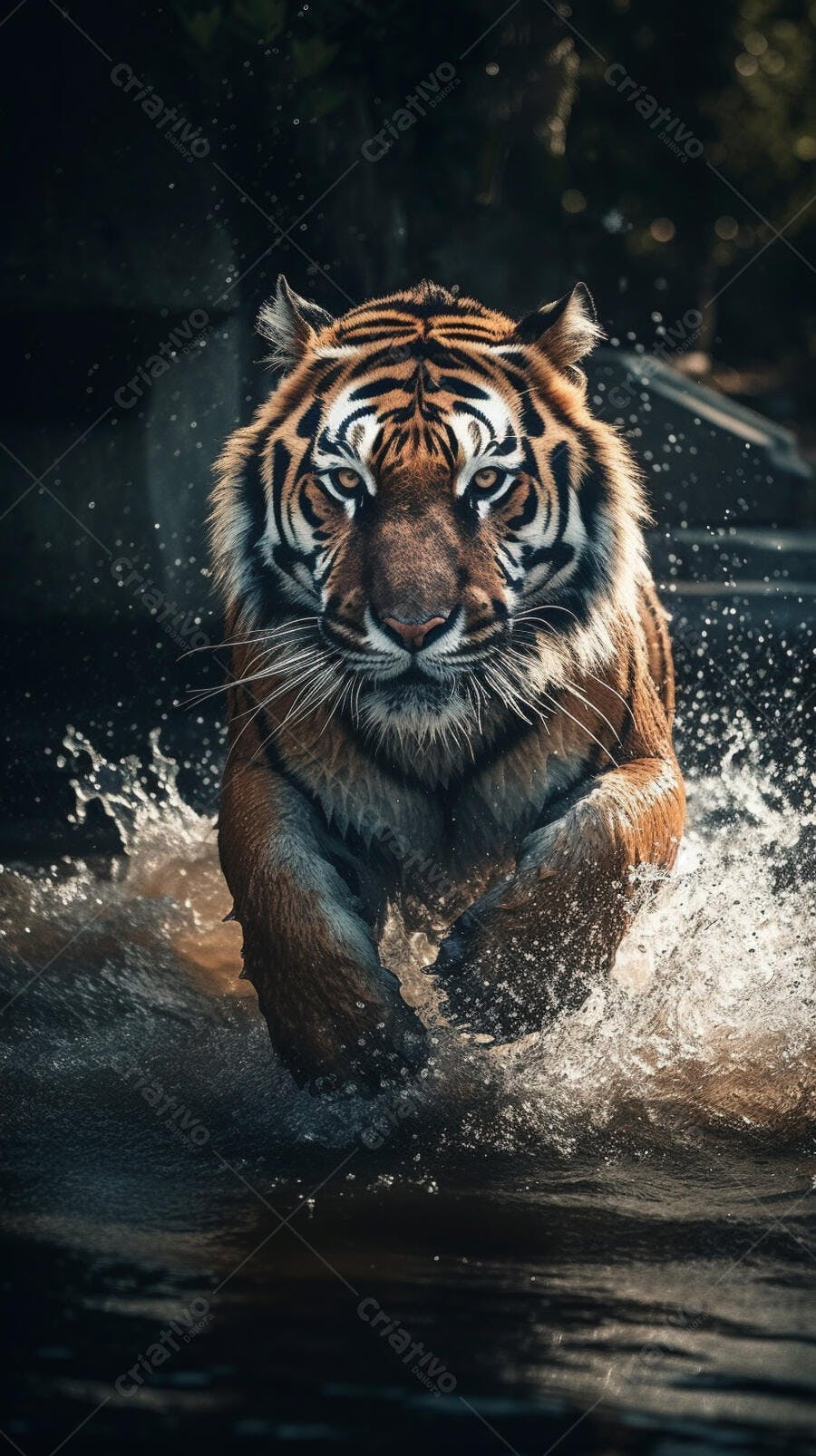 Tigre correndo na água escura