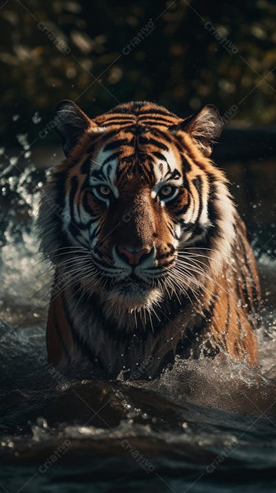 Tigre Selvagem Avançando pela Água na Selva