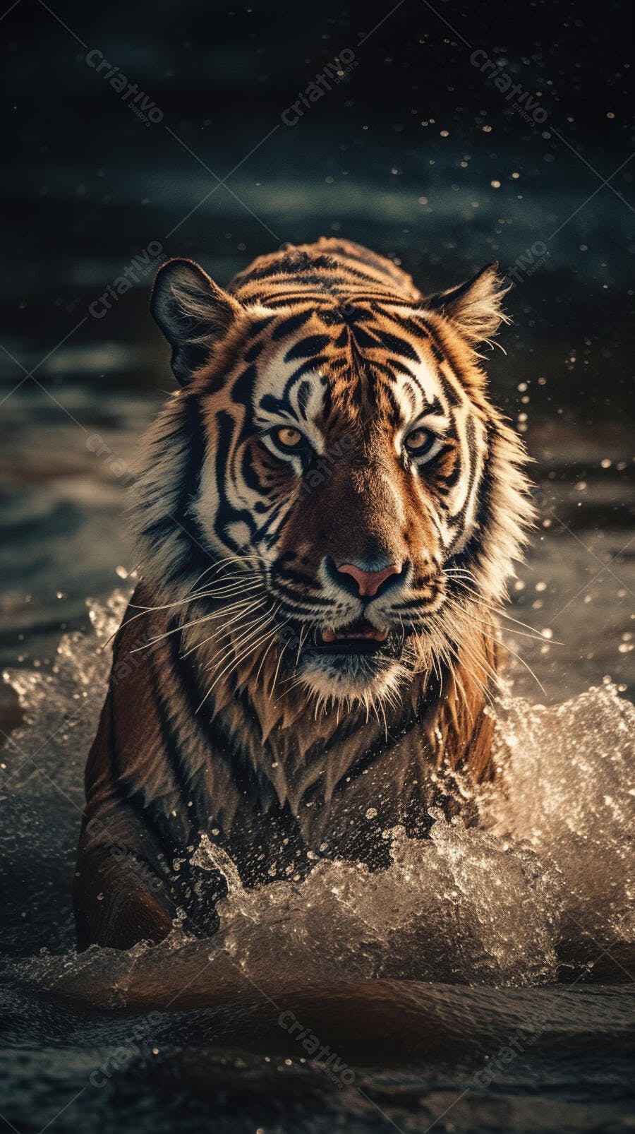 Tigre nadando em rio ao entardecer