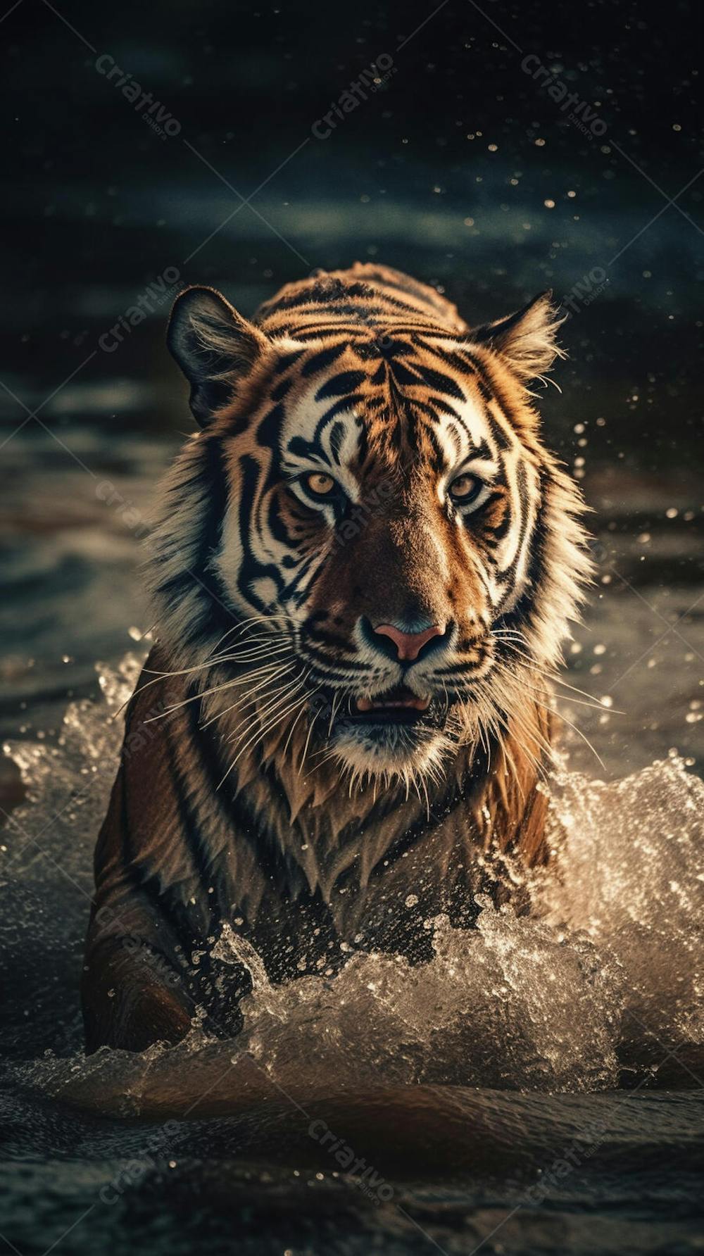 Tigre Selvagem Avançando pela Água na Selva