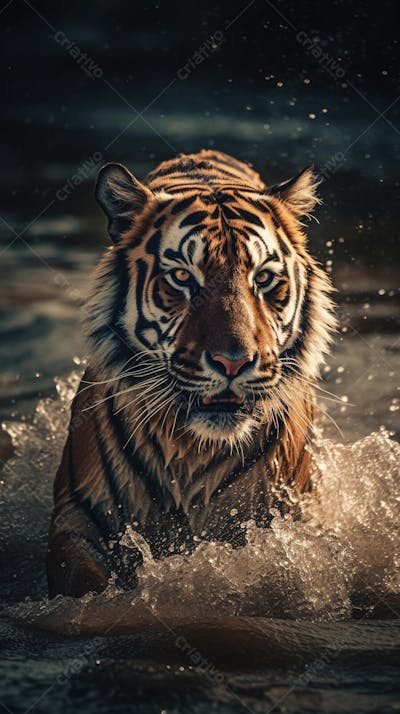 Tigre Selvagem Avançando pela Água na Selva