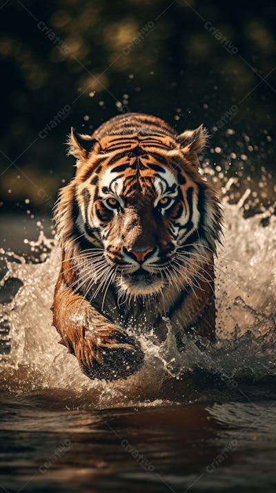 Tigre Selvagem Avançando pela Água na Selva