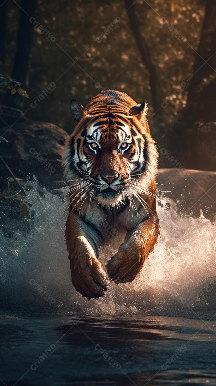 Tigre saltando na água ao entardecer
