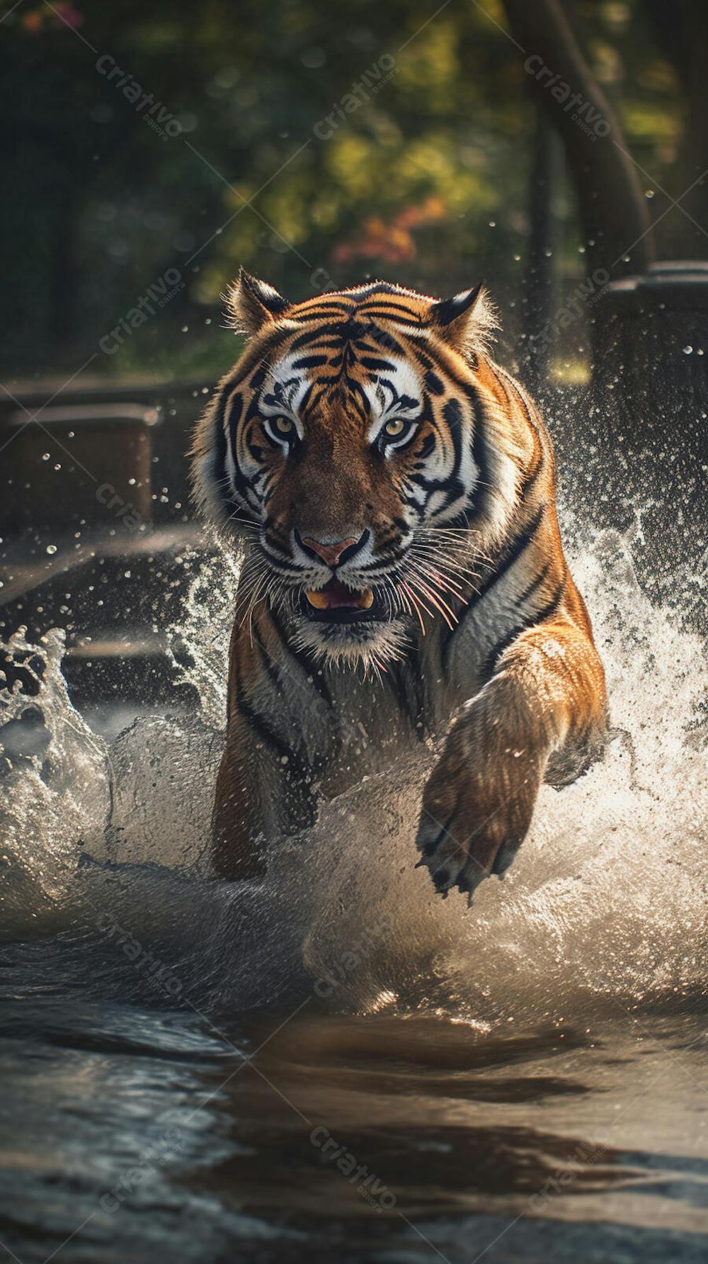 Tigre Selvagem Avançando pela Água na Selva