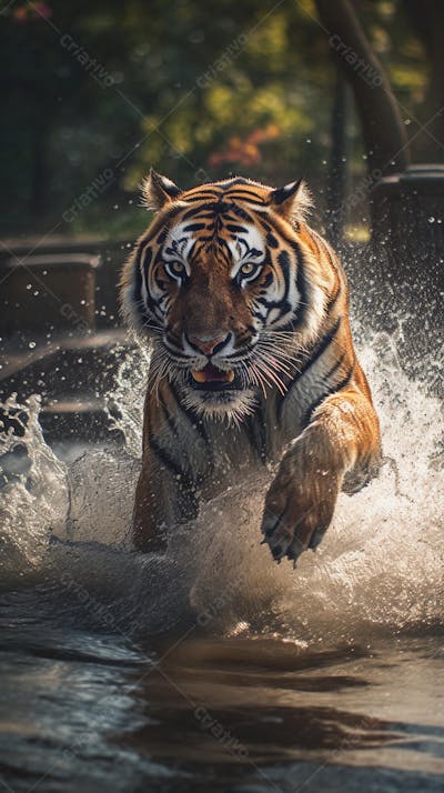 Tigre Selvagem Avançando pela Água na Selva