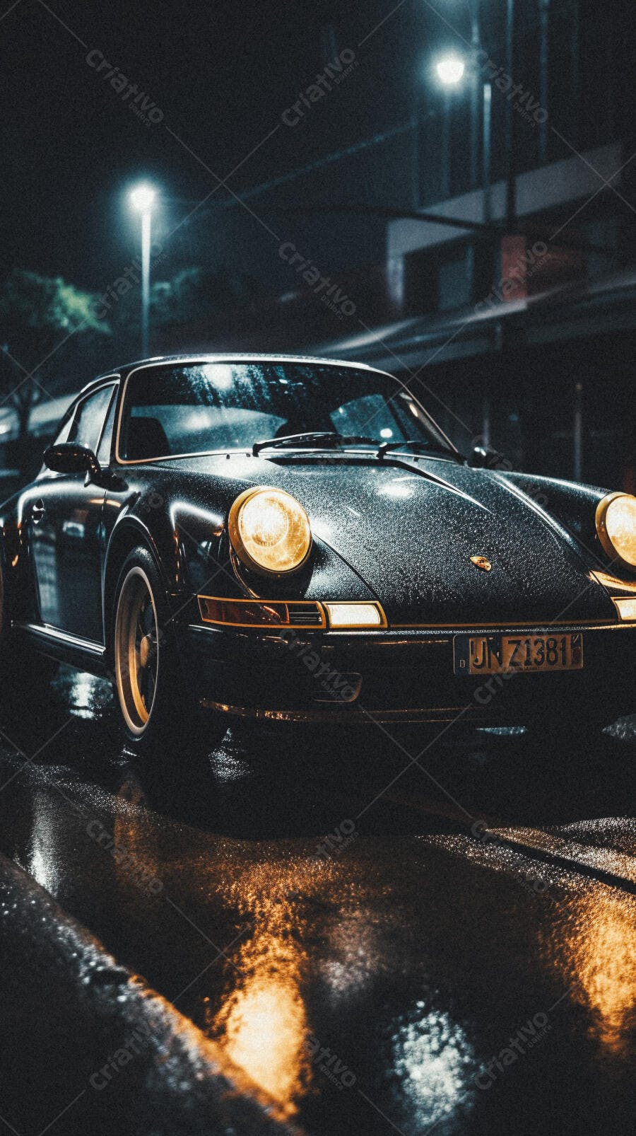 Porsche 911 clássica na chuva noturna