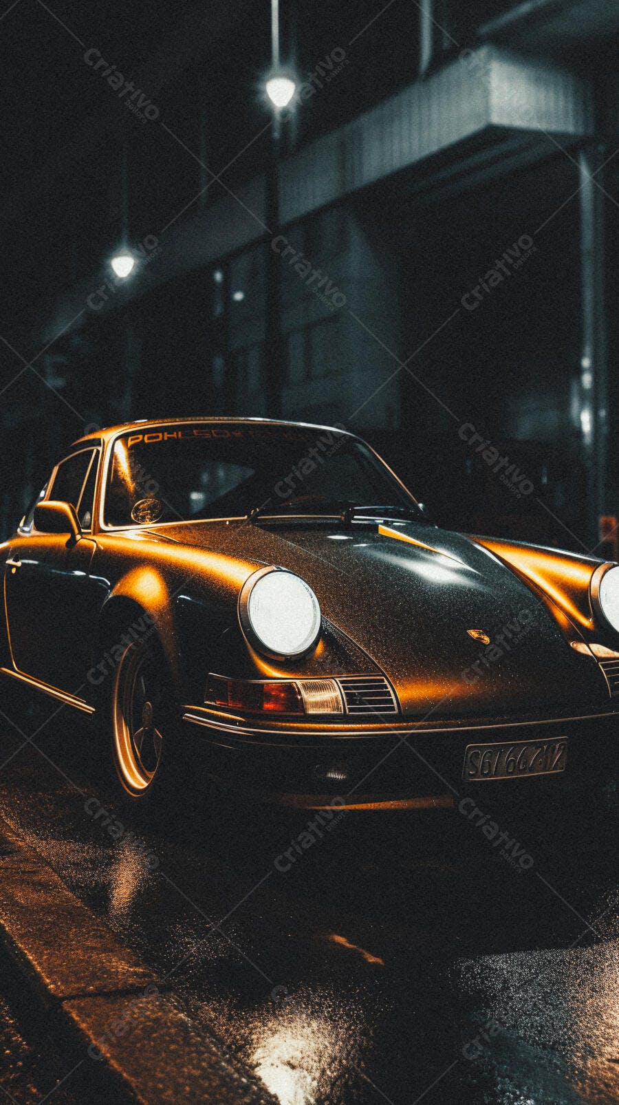 Porsche 911 Dourada sob chuva noturna