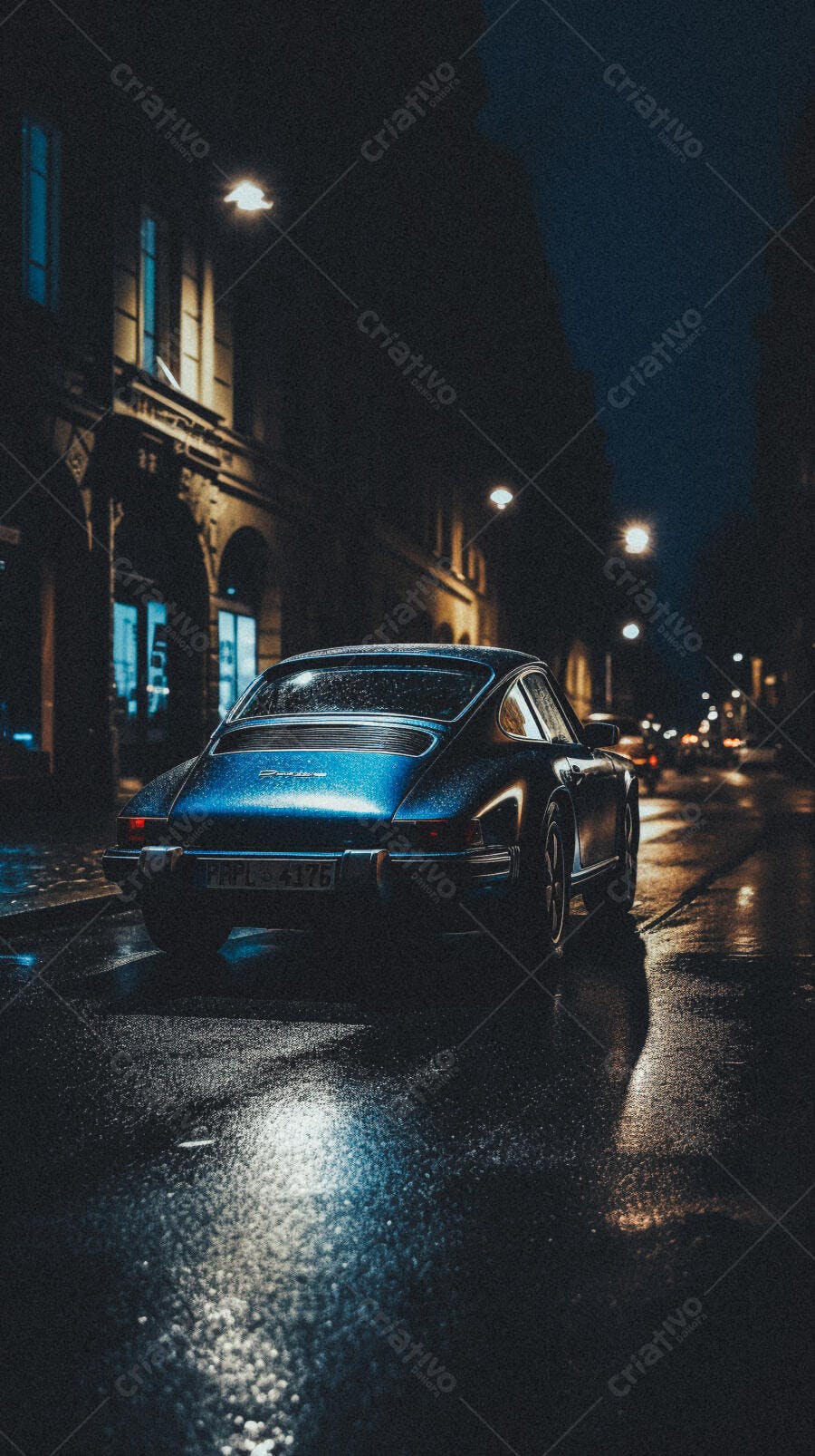 Porsche Azul Noturno em Rua Molhada