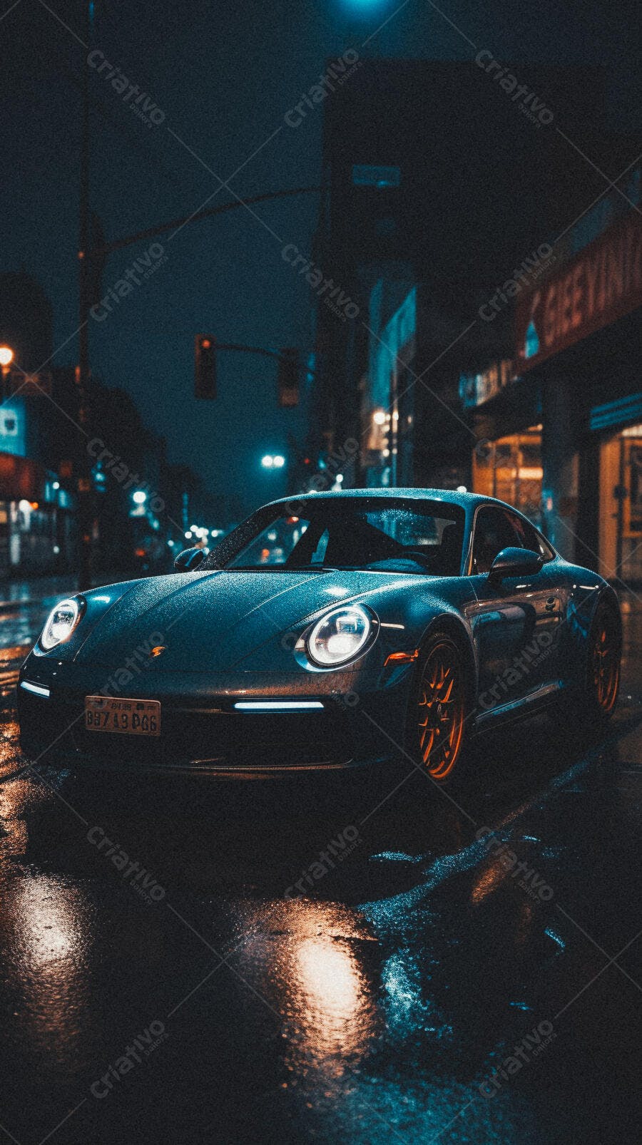 Porsche 911 azul chuva noturna