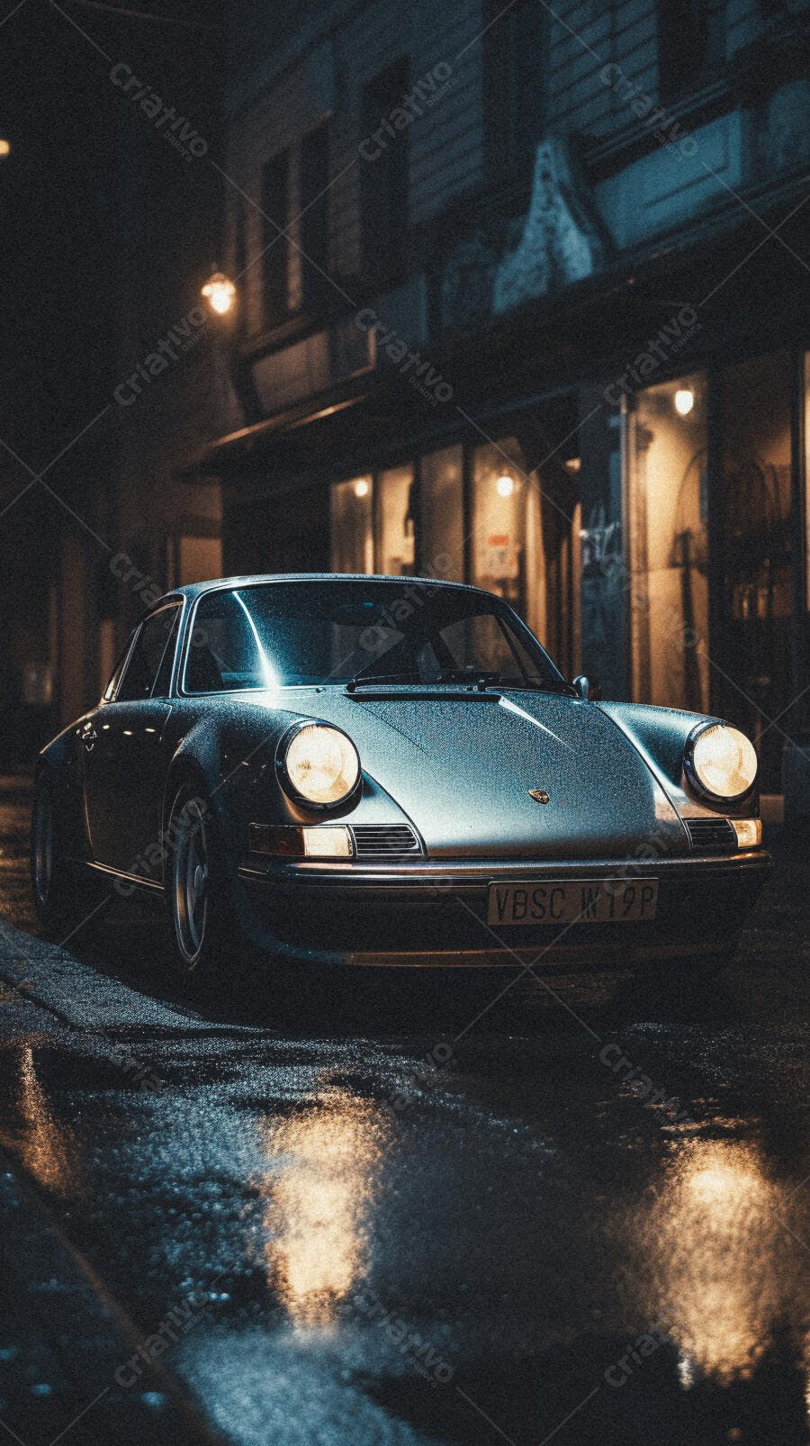 Porsche 911 clássica em noite chuvosa