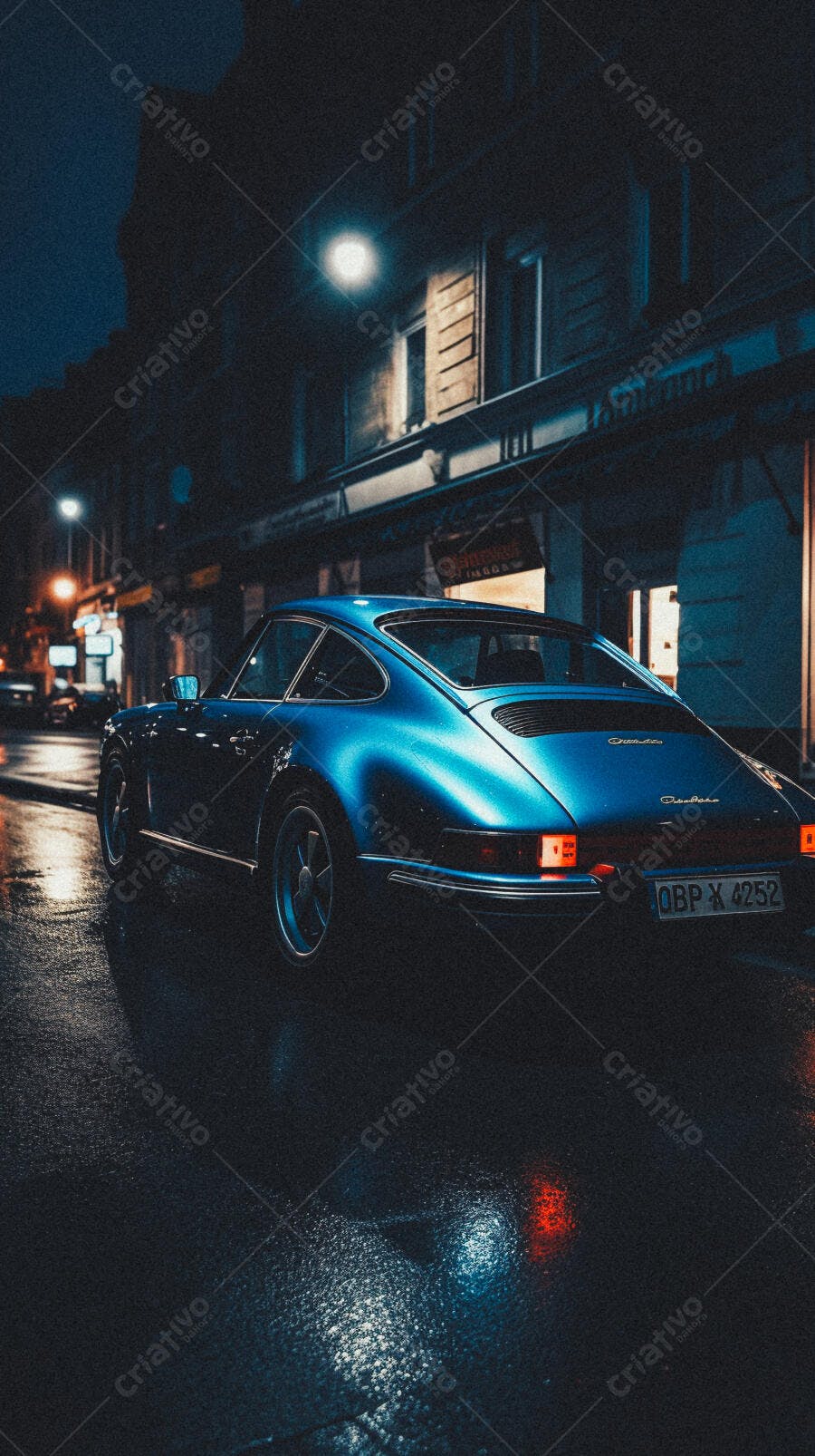 Porsche Azul Noturno em Rua Molhada
