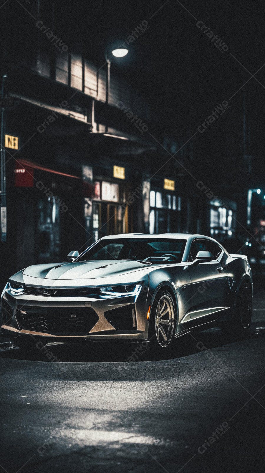 Chevrolet Camaro prata em rua noturna