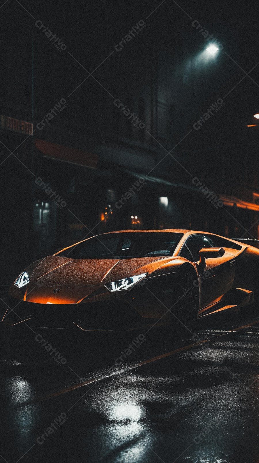 Lamborghini Huracán laranja na chuva noturna