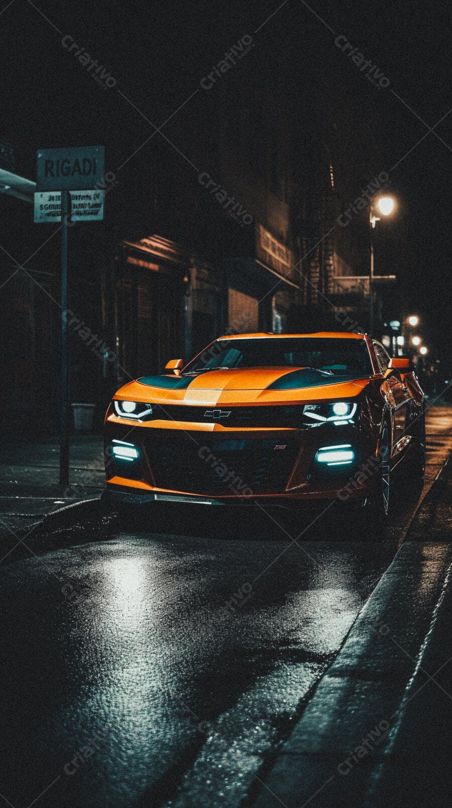 Chevrolet Camaro Laranja em Rua Noturna Molhada