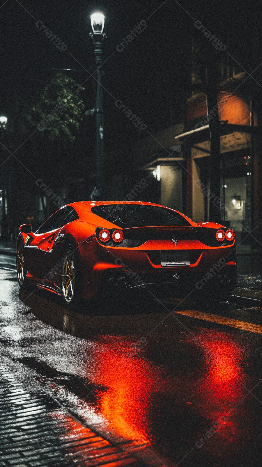 Ferrari vermelha em noite chuvosa