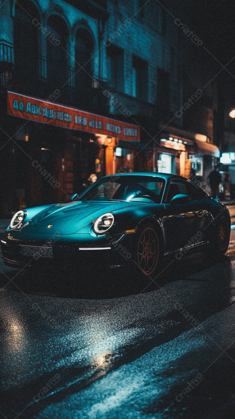 Porsche 911 Verde Noturno em Rua Molhada