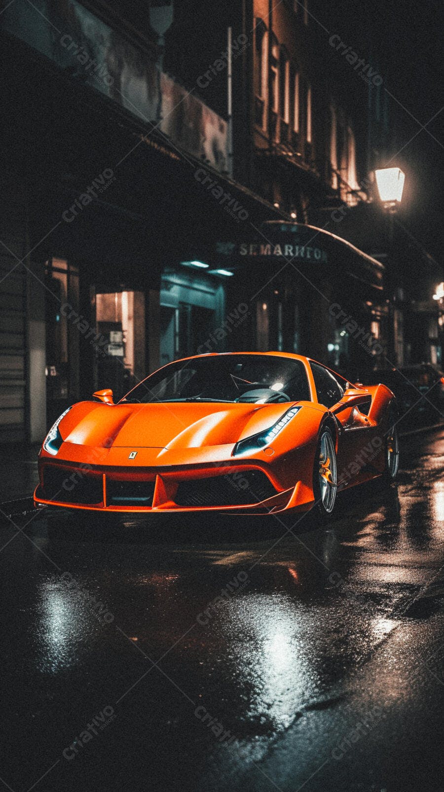 Ferrari laranja em rua noturna chuvosa