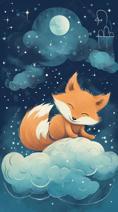 Raposa Fofa Dormindo Entre Nuvens em um Cenário Mágico
