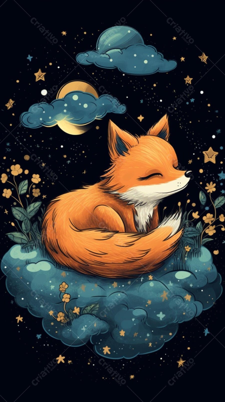 Raposa dormindo em nuvem noturna