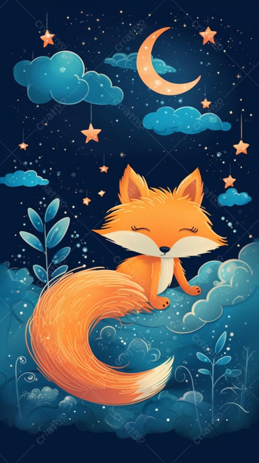 Raposa fofa dormindo sob a lua