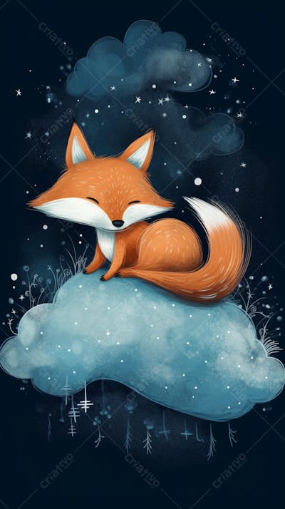 Raposa Fofa Dormindo Entre Nuvens em um Cenário Mágico