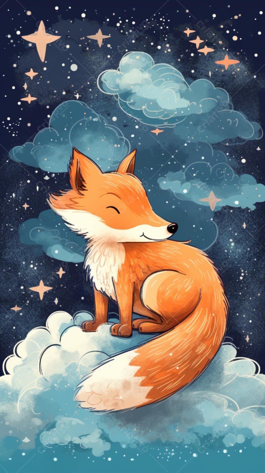 Raposa feliz em nuvem noturna estrelada