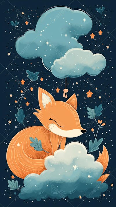 Raposa Fofa Dormindo Entre Nuvens em um Cenário Mágico