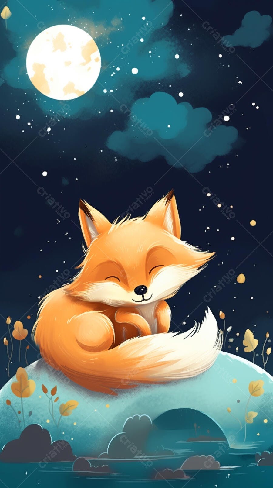 Raposa feliz sob a lua cheia noturna