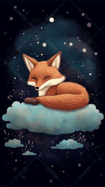Raposa Fofa Dormindo Entre Nuvens em um Cenário Mágico