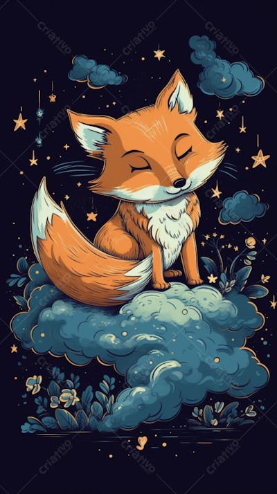Raposa Fofa Dormindo Entre Nuvens em um Cenário Mágico