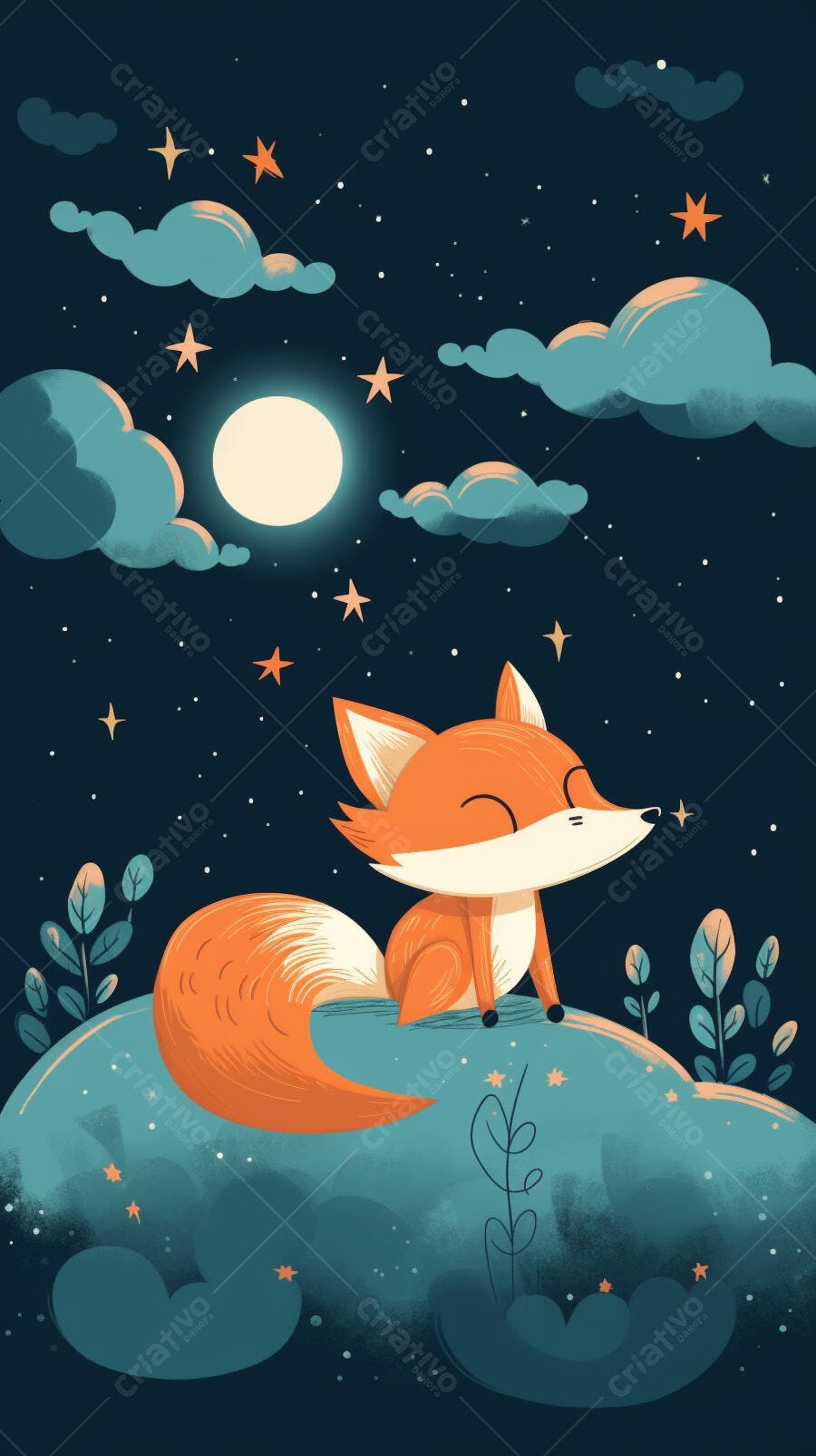 Raposa fofa sob a lua cheia noturna