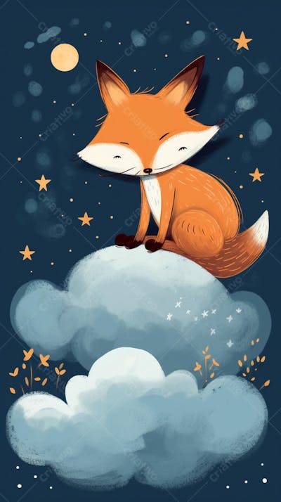 Raposa Fofa Dormindo Entre Nuvens em um Cenário Mágico