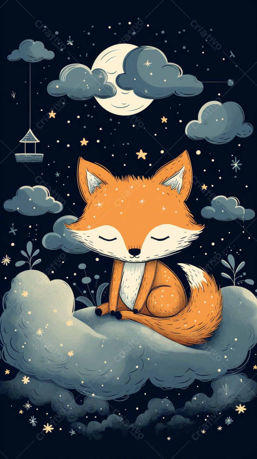 Raposa fofa dormindo nas nuvens noturnas
