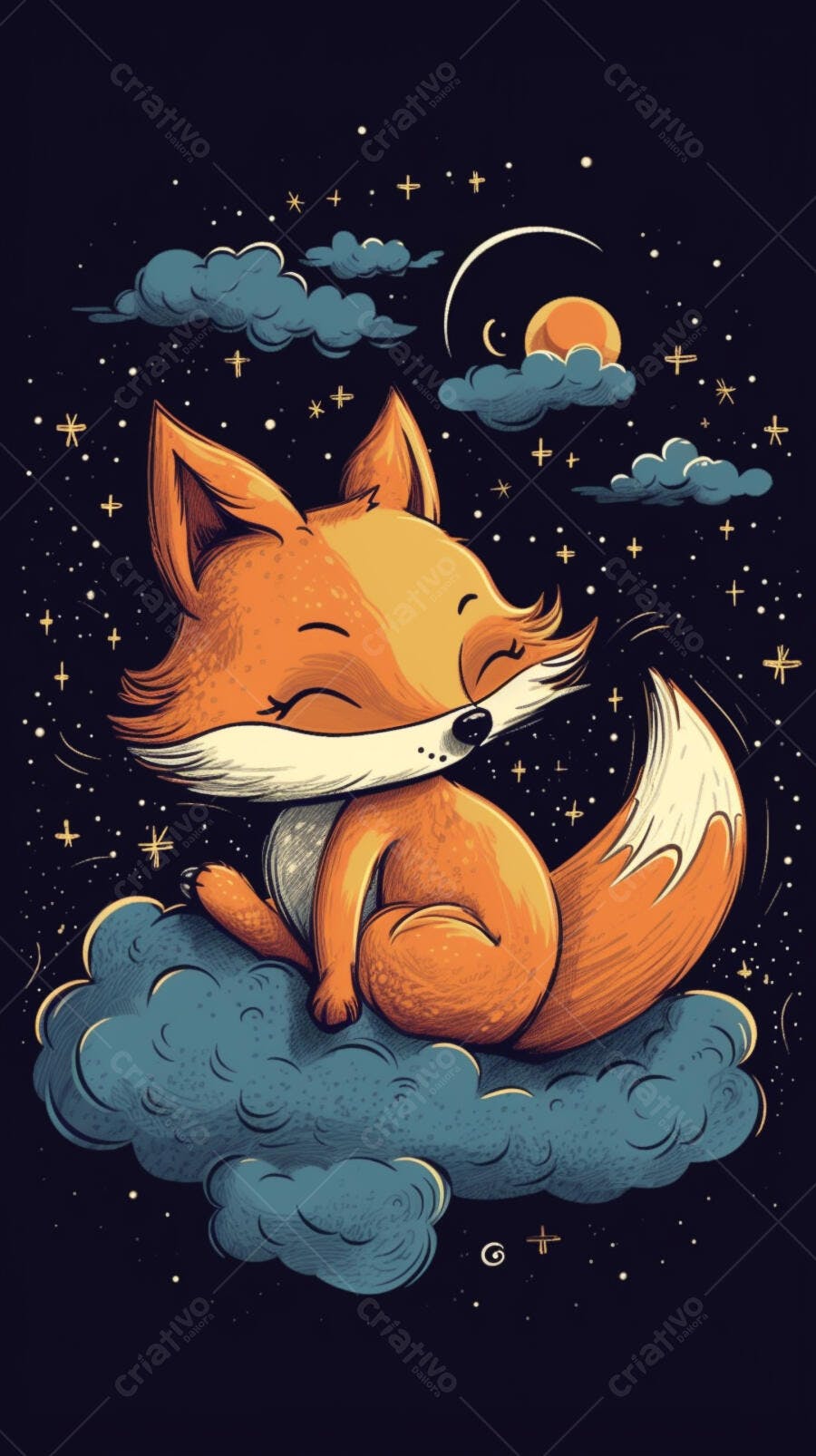 Raposa fofa em nuvem noturna estrelada
