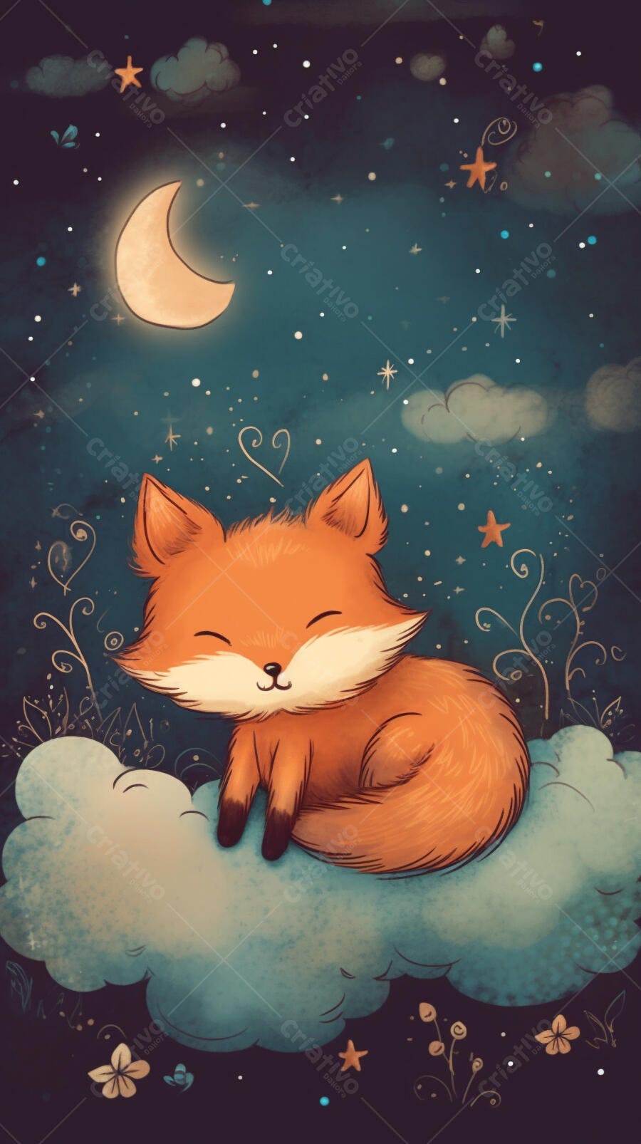 Raposa fofa dormindo na lua