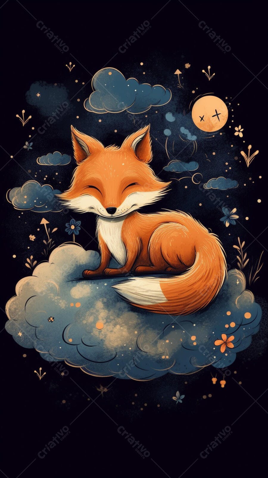Raposa feliz em nuvem noturna