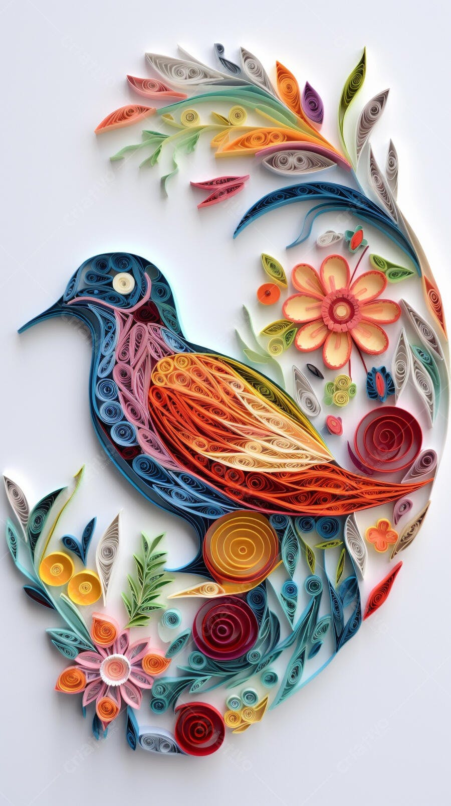 Pássaro colorido em arte de papel em meio a flores